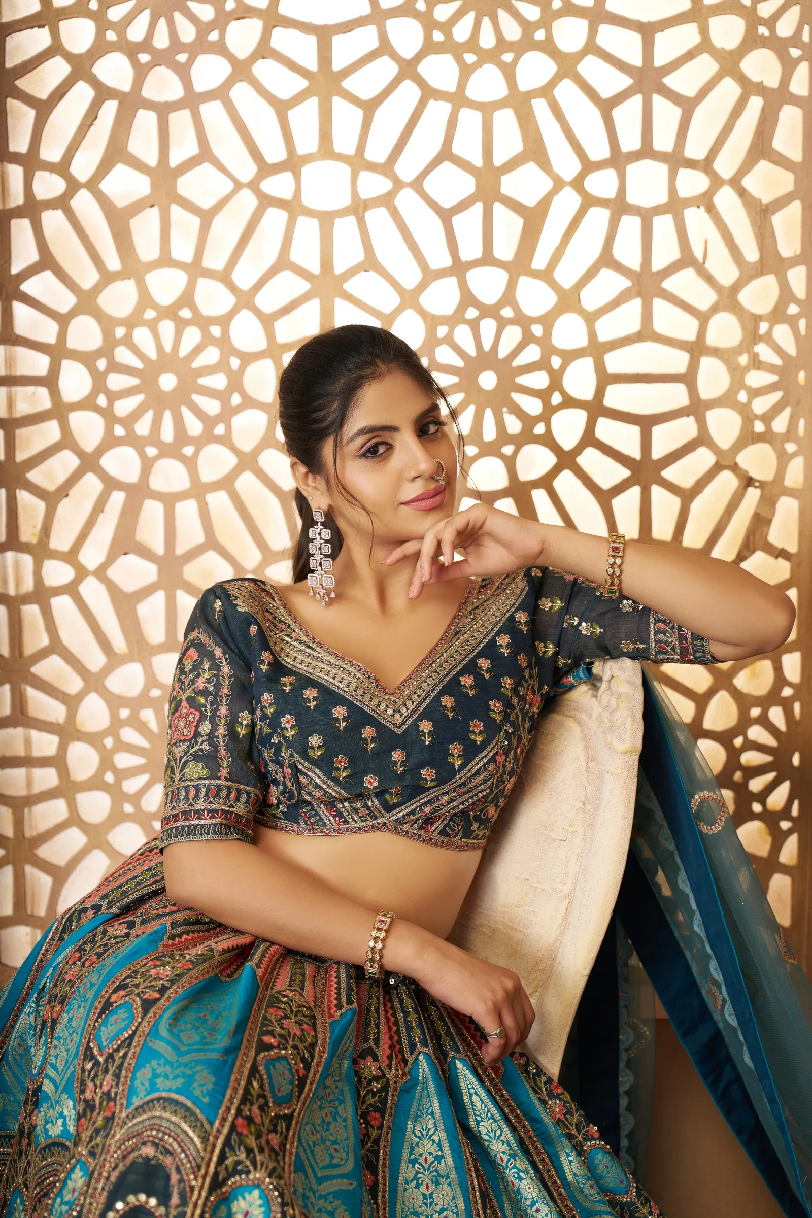Kf-31- Blue Banarasi Silk Embroidered Lahenga For Wedding Wholesale In India